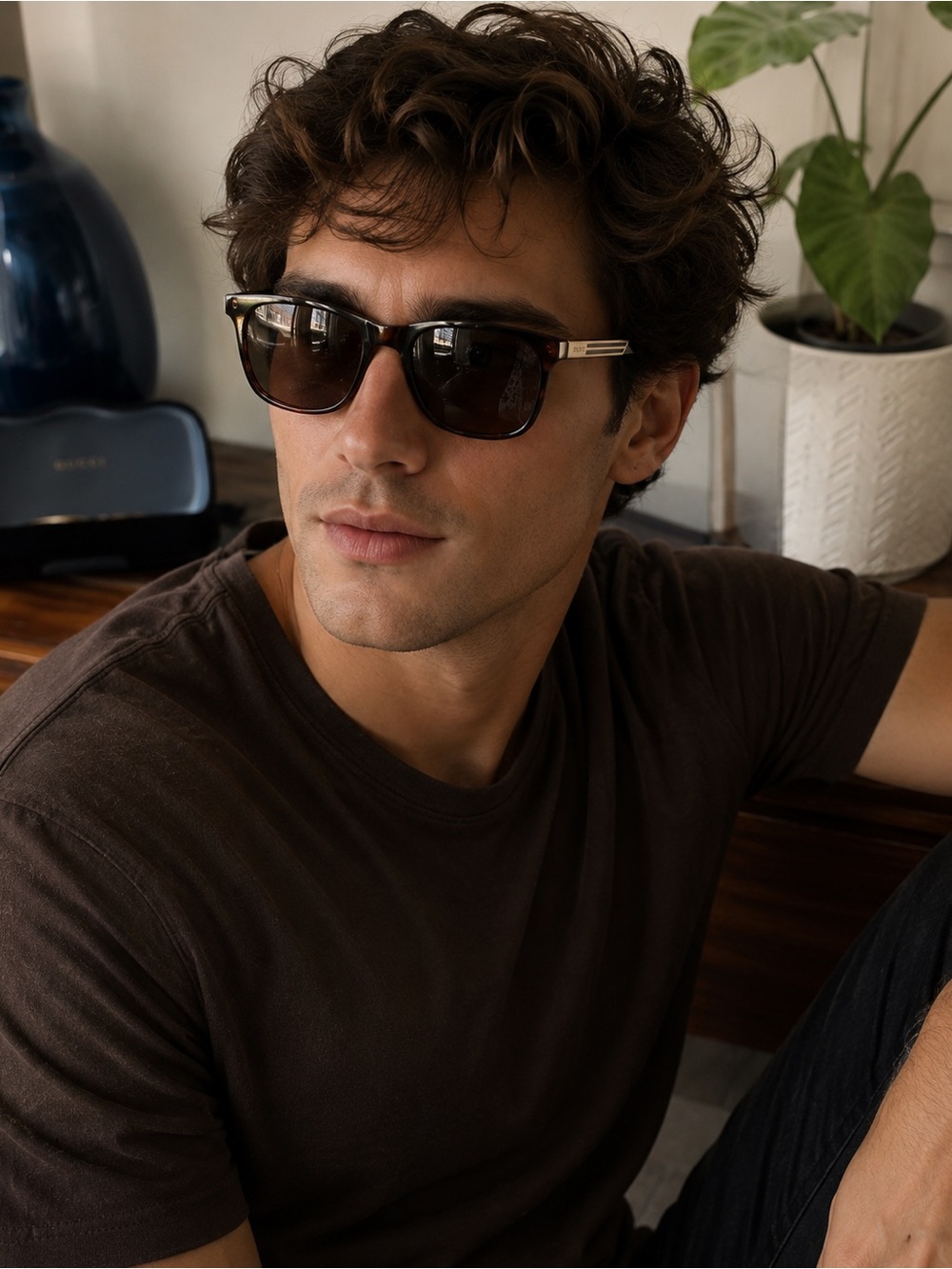 Gucci Black/Brown Gradient Square Sunglasses with Gold Accents